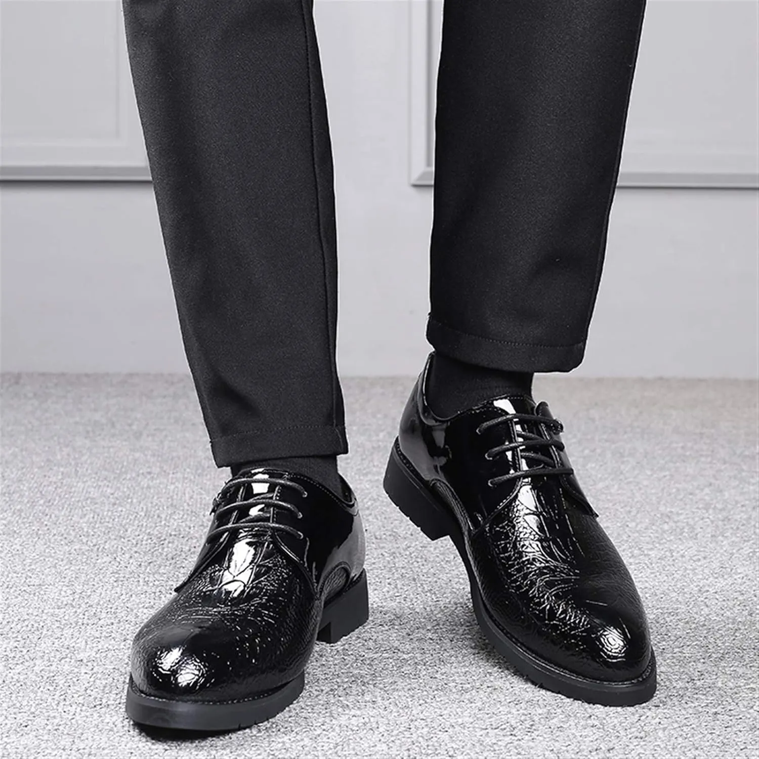 New Oxford Formal Shoes for Men Lace Up Crocodile Embossed Round Toe Derby Shoes Patent Leather Anti-Slip Block Heel Slip Resistant Rubber Sole Business