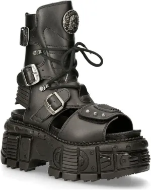 New Rock Ankle Boots BIOS107-V1 TANK Black VEGAN Leather Women's Gladiator Goth Punk Platform Sandal