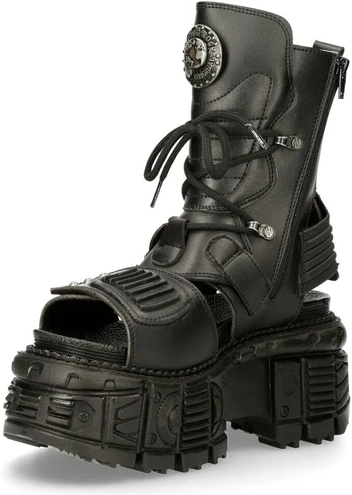 New Rock Ankle Boots BIOS107-V1 TANK Black VEGAN Leather Women's Gladiator Goth Punk Platform Sandal
