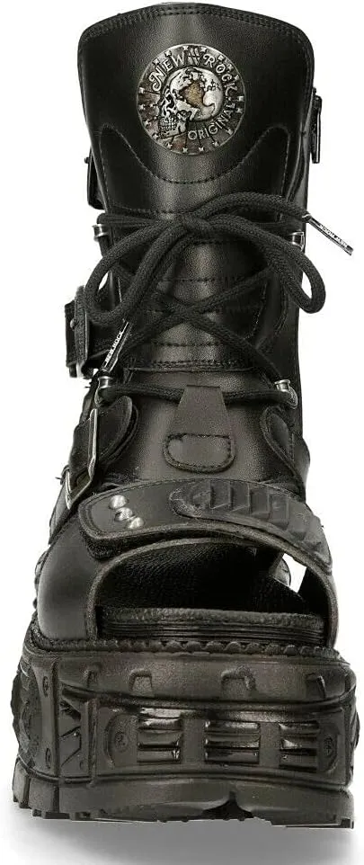 New Rock Ankle Boots BIOS107-V1 TANK Black VEGAN Leather Women's Gladiator Goth Punk Platform Sandal