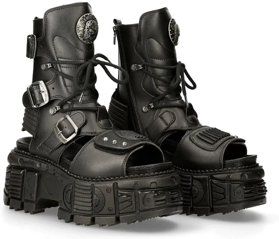 New Rock Ankle Boots BIOS107-V1 TANK Black VEGAN Leather Women's Gladiator Goth Punk Platform Sandal