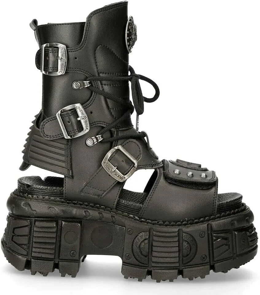 New Rock Ankle Boots BIOS107-V1 TANK Black VEGAN Leather Women's Gladiator Goth Punk Platform Sandal