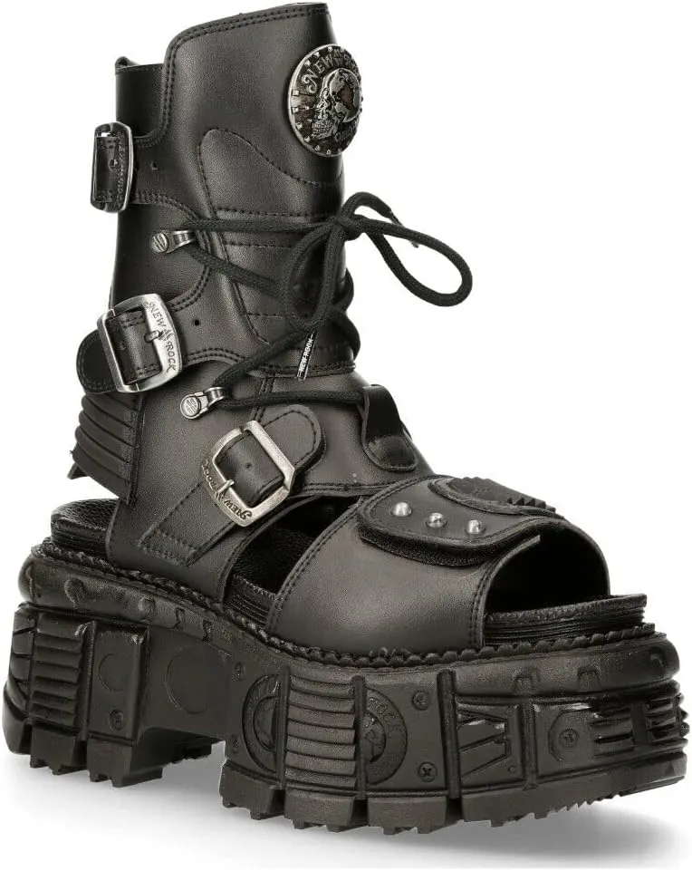 New Rock Ankle Boots BIOS107-V1 TANK Black VEGAN Leather Women's Gladiator Goth Punk Platform Sandal