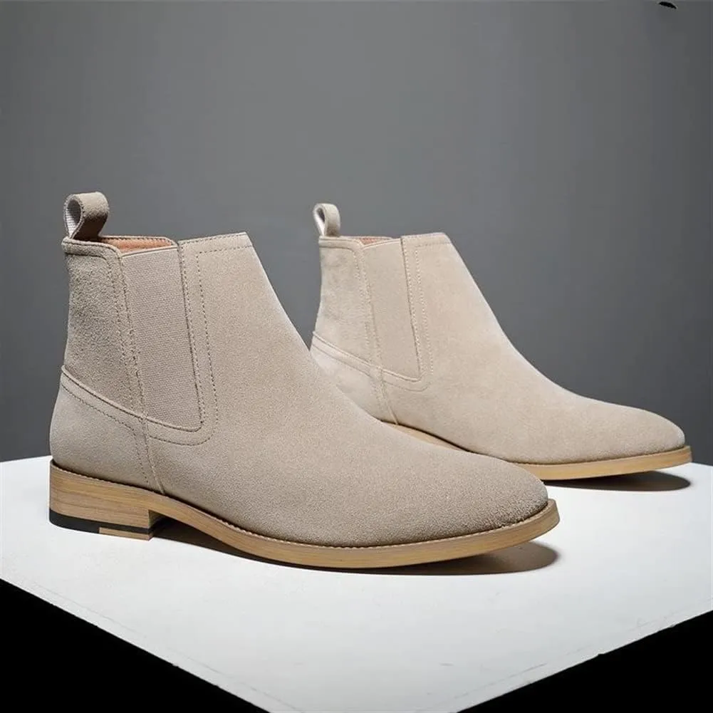 New Round Toe Ankle Boots For Men Cowhide Leather Elastic Sided Wearable Slip On Anti-slip Non Slip Casual Fashion