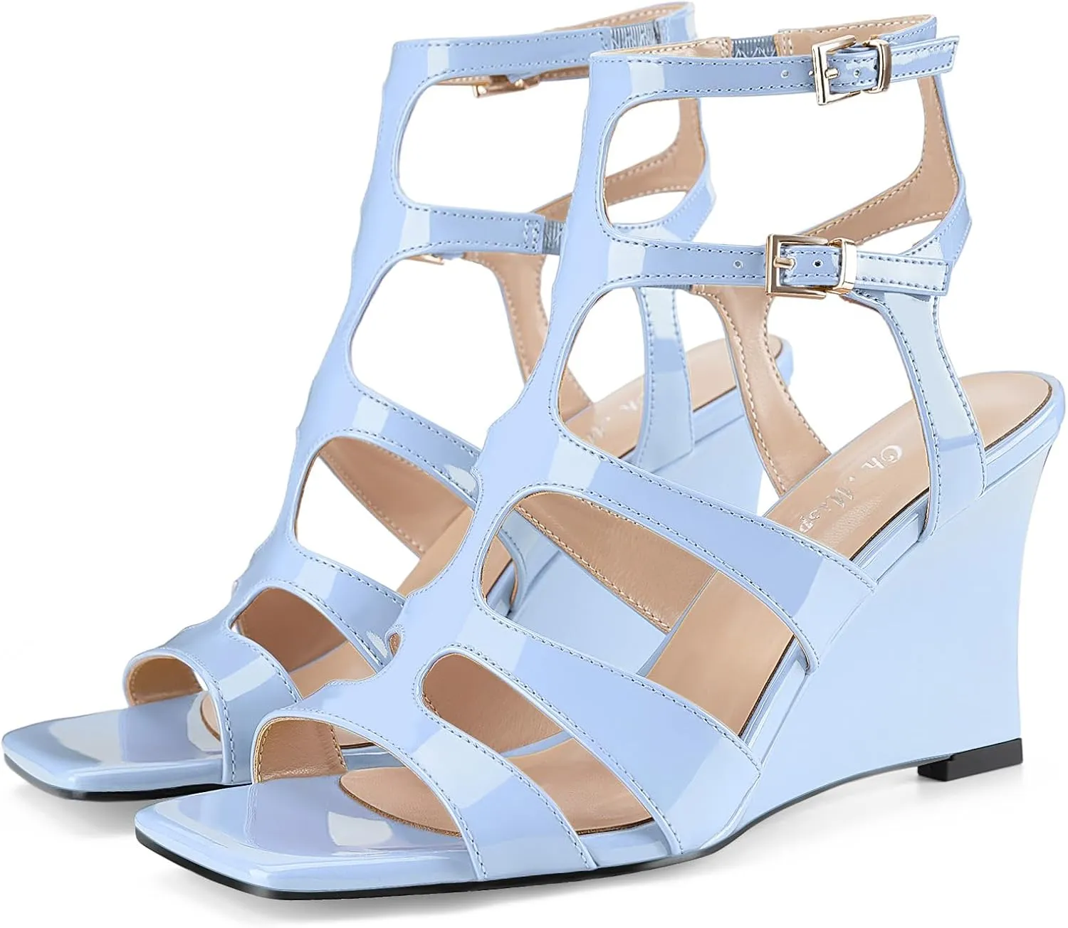 Oh Mispares Gladiator Sandals for Women Square Open Toe T-Strap Wedge Sandals Two Buckle Ankle Strap Heeled Strappy Heels Party Dressy Summer