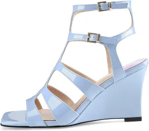 Oh Mispares Gladiator Sandals for Women Square Open Toe T-Strap Wedge Sandals Two Buckle Ankle Strap Heeled Strappy Heels Party Dressy Summer