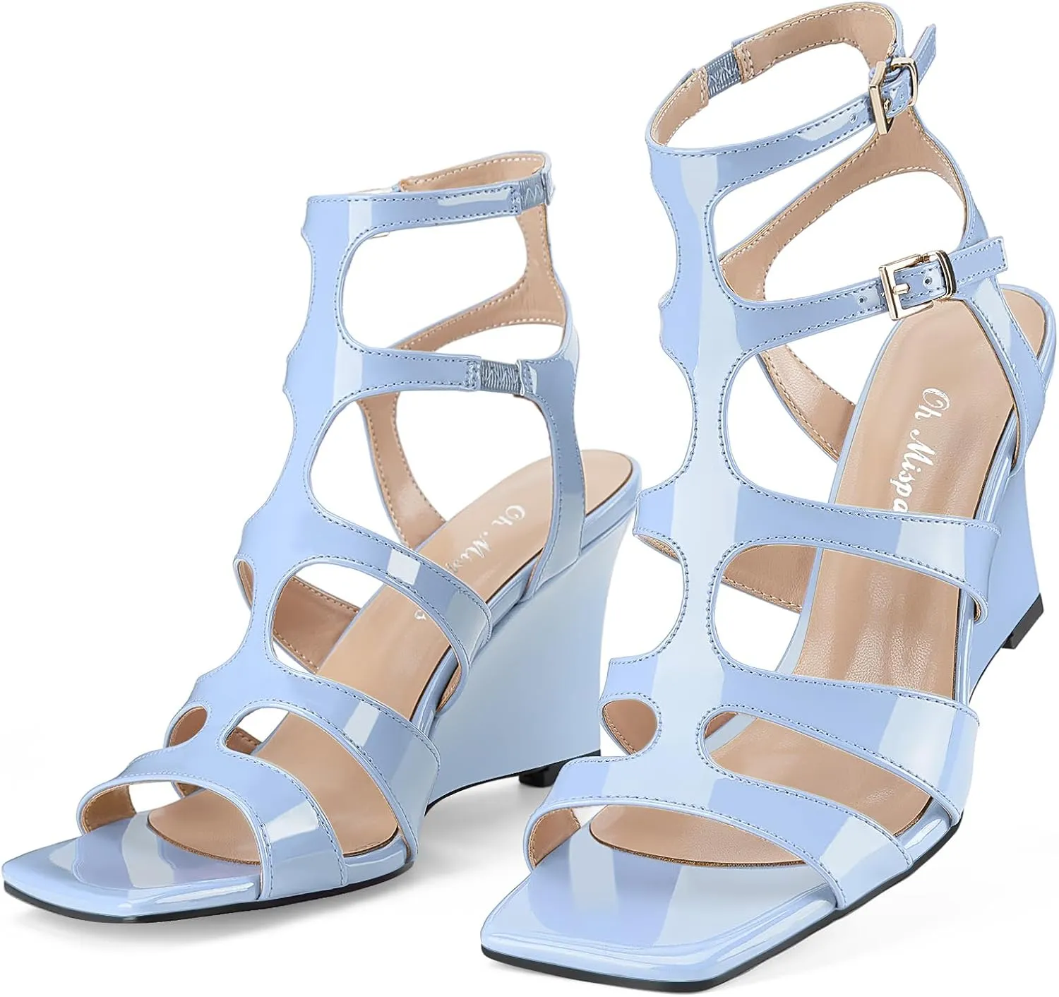 Oh Mispares Gladiator Sandals for Women Square Open Toe T-Strap Wedge Sandals Two Buckle Ankle Strap Heeled Strappy Heels Party Dressy Summer