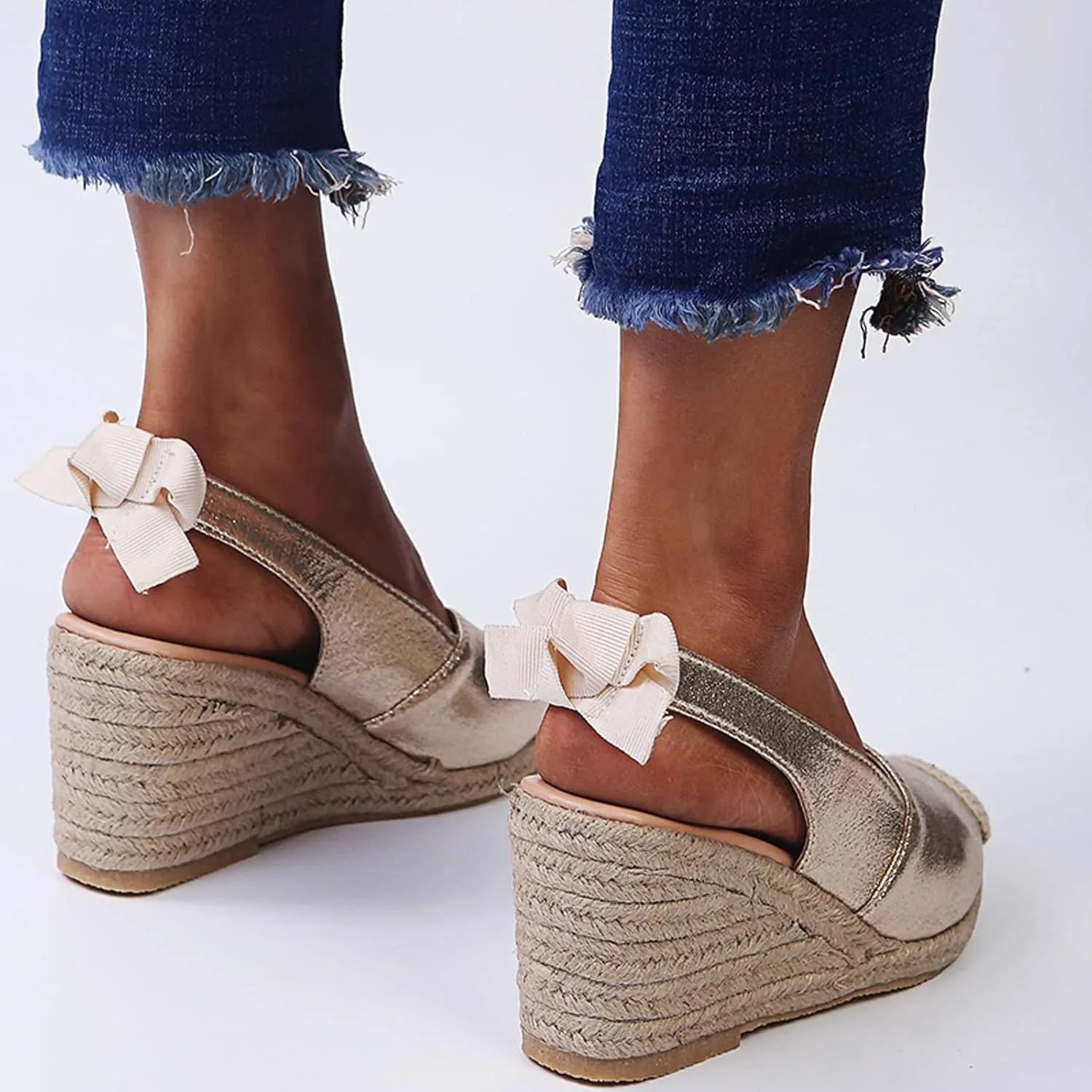 oiangi Espadrille Wedge Sandals for Women Dressy Summer Fashion Closed Toe Serpentine Bow Tie Slingback High Heel Sandals Comfy Outdoor Ladies Shoes