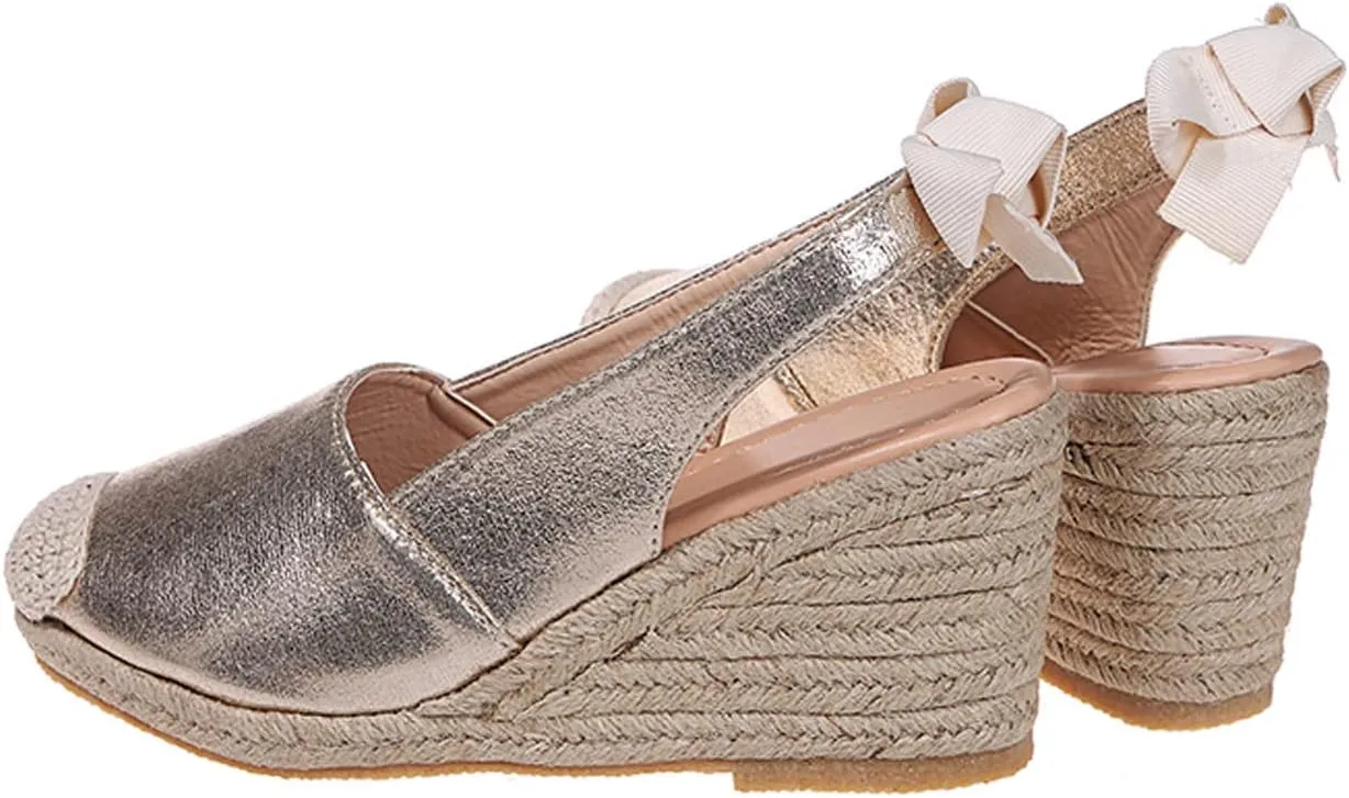 oiangi Espadrille Wedge Sandals for Women Dressy Summer Fashion Closed Toe Serpentine Bow Tie Slingback High Heel Sandals Comfy Outdoor Ladies Shoes