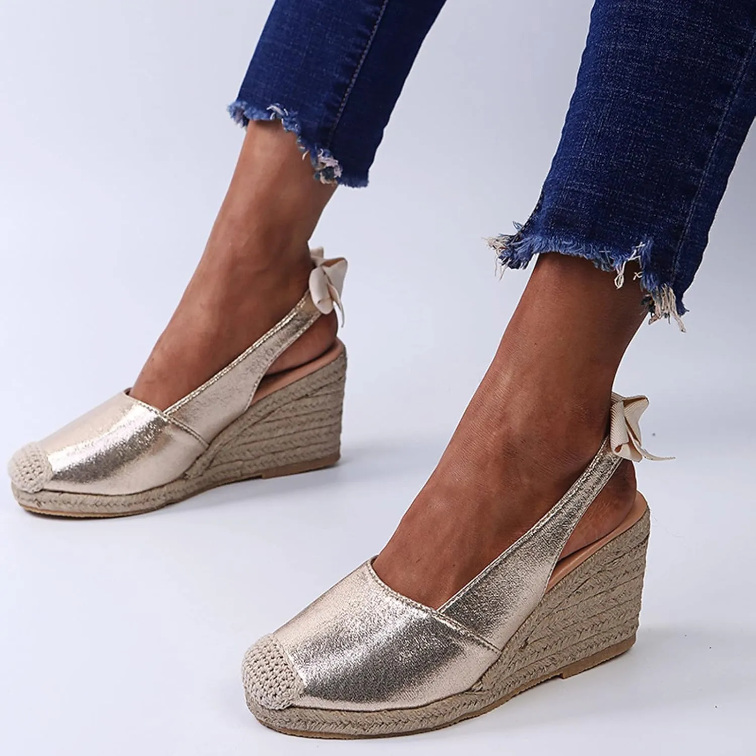 oiangi Espadrille Wedge Sandals for Women Dressy Summer Fashion Closed Toe Serpentine Bow Tie Slingback High Heel Sandals Comfy Outdoor Ladies Shoes