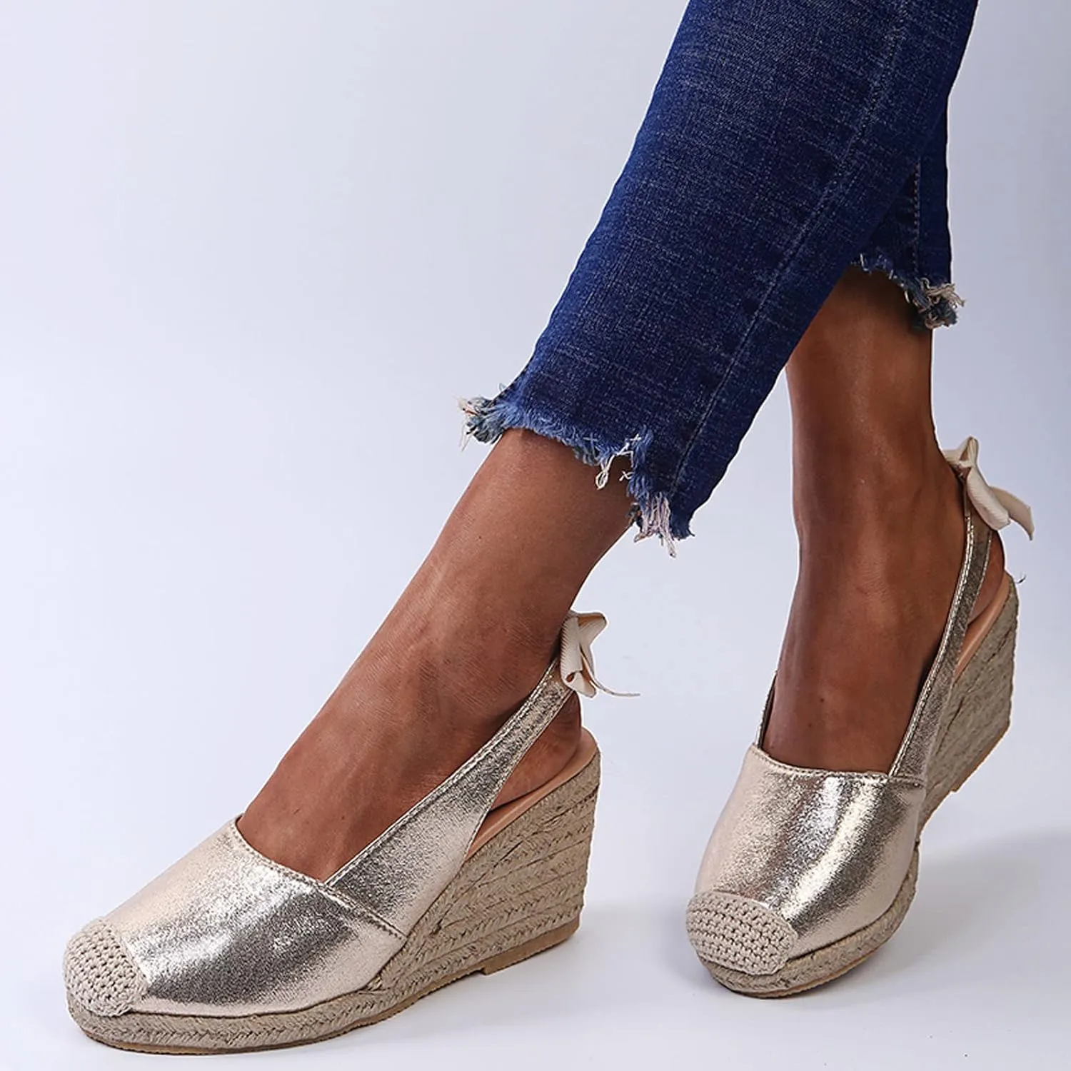oiangi Espadrille Wedge Sandals for Women Dressy Summer Fashion Closed Toe Serpentine Bow Tie Slingback High Heel Sandals Comfy Outdoor Ladies Shoes