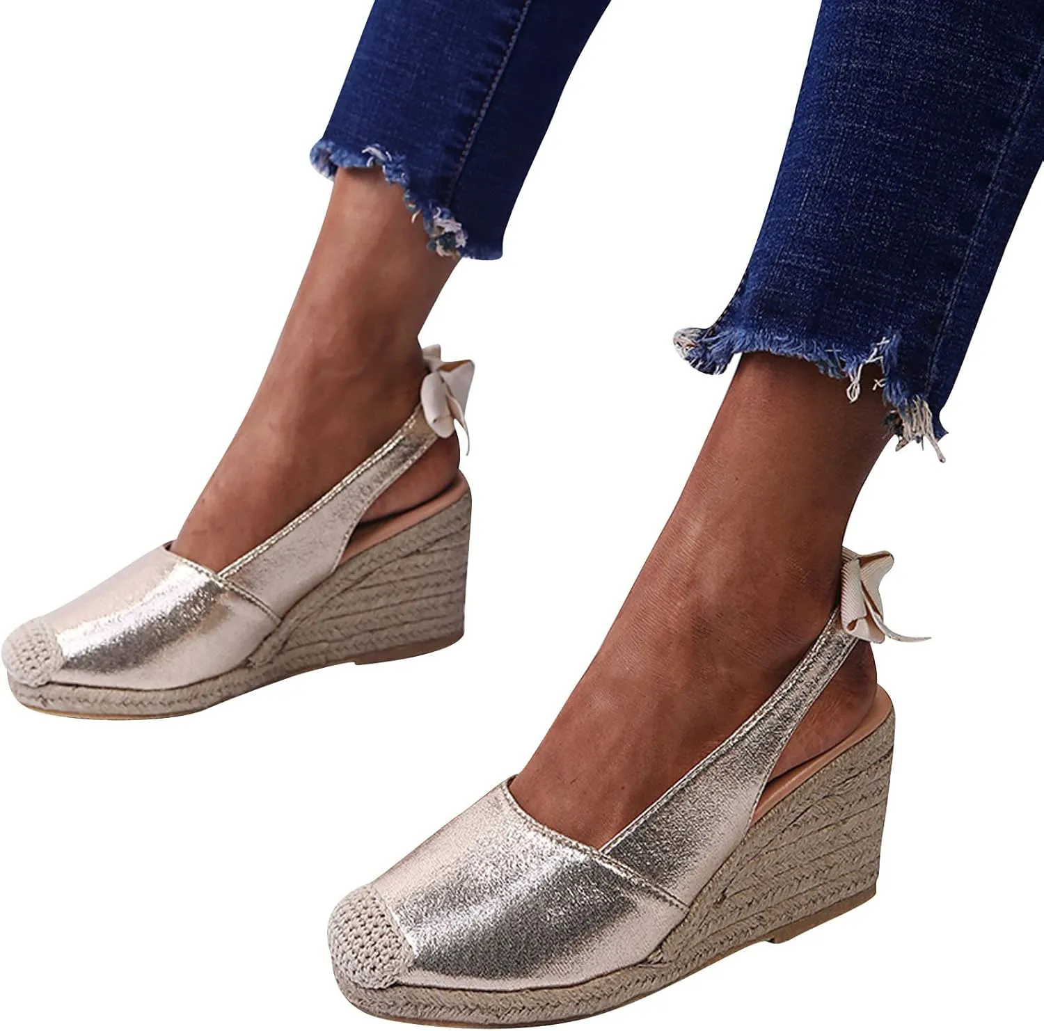 oiangi Espadrille Wedge Sandals for Women Dressy Summer Fashion Closed Toe Serpentine Bow Tie Slingback High Heel Sandals Comfy Outdoor Ladies Shoes