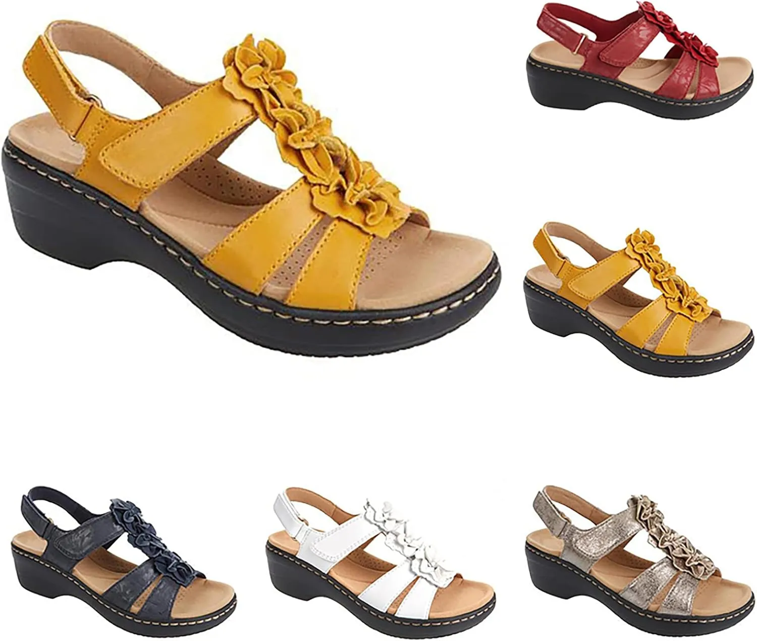 oiangi Flower Strap Sandals for Women,Summer Solid Color Hollow Out Fish Mouth Wedge Sandals Comfy Casual Platform Shoes