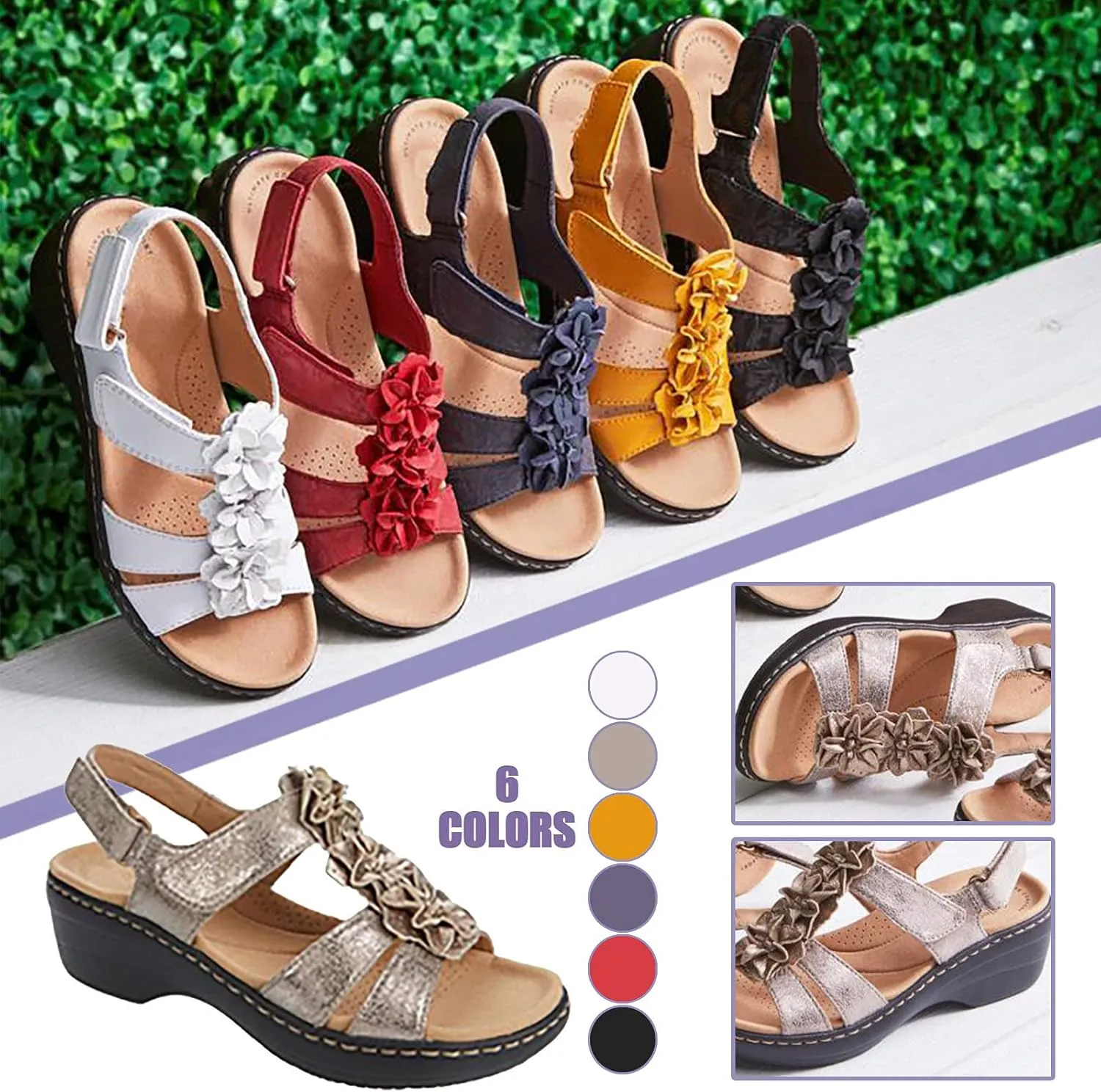 oiangi Flower Strap Sandals for Women,Summer Solid Color Hollow Out Fish Mouth Wedge Sandals Comfy Casual Platform Shoes