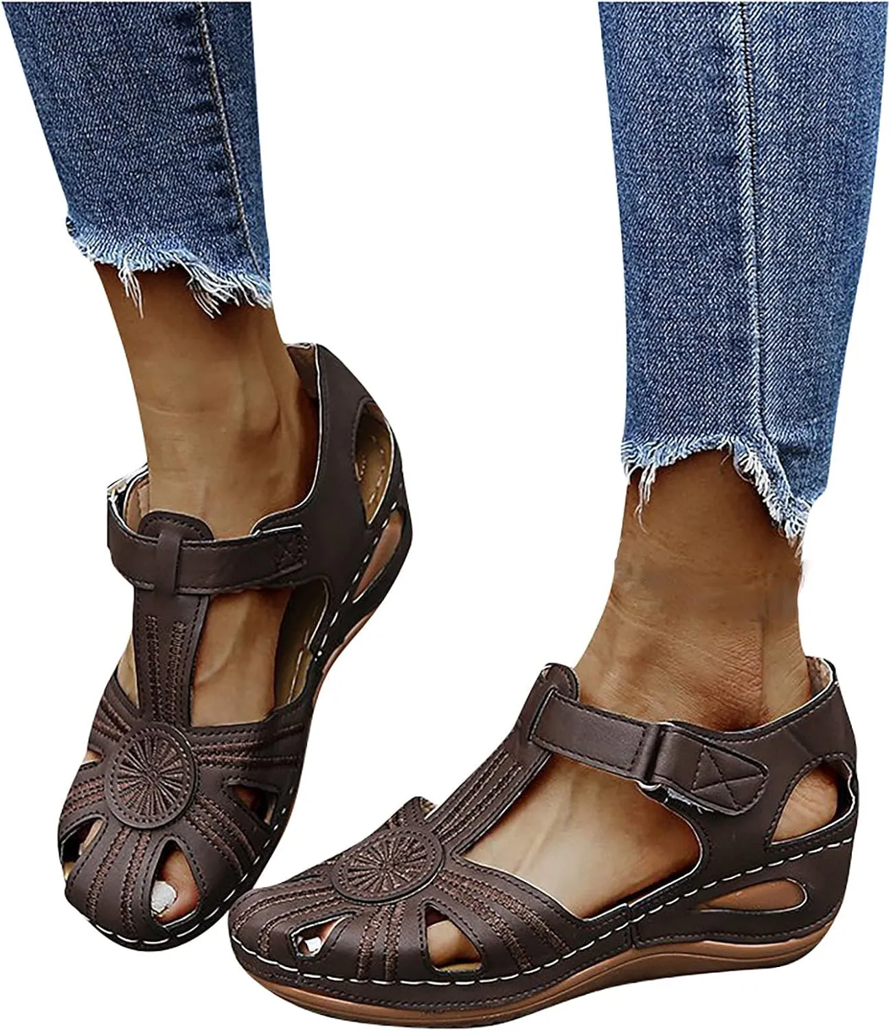 oiangi Hook and Loop Sandals for Women Wedge Hollow Closed Toe Summer Solid Color Flowers Beach Shoes Comfortable Casual Ladies Outdoor Slides Sandalias