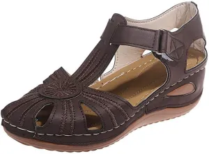 oiangi Hook and Loop Sandals for Women Wedge Hollow Closed Toe Summer Solid Color Flowers Beach Shoes Comfortable Casual Ladies Outdoor Slides Sandalias