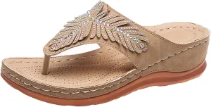 oiangi Rhinestone Wedge Sandals for Women,Summer Fashion Open Toe T Strap Thong Flip Flops Sandals Comfortable Casual Beach Shoes Slippers