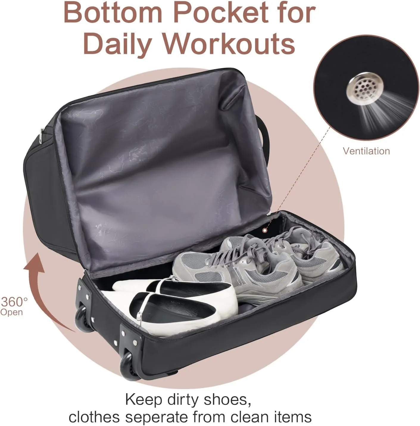 OIWAS Small Rolling Duffle Bag with Wheels Travel 22 inch Carry On Luggage Tote Unisex-Adult Short Term Trips Expandable 50L to 60L