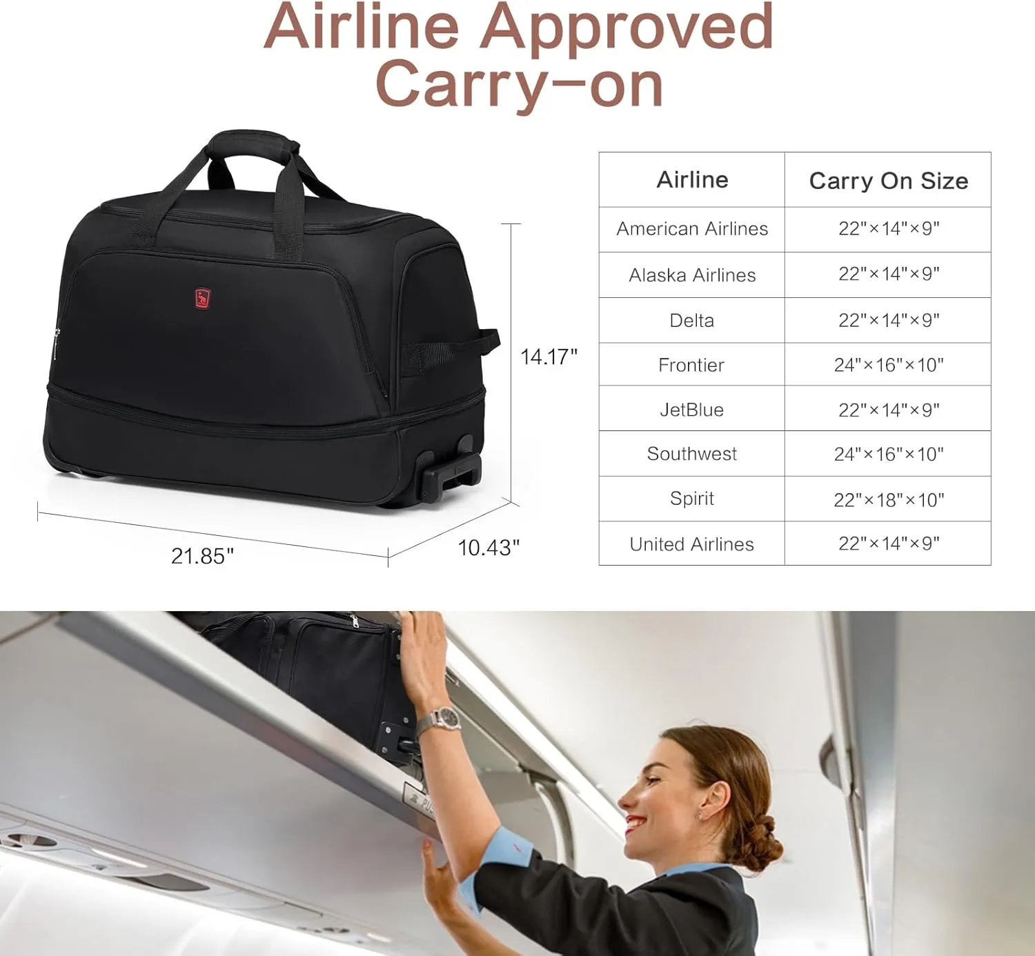 OIWAS Small Rolling Duffle Bag with Wheels Travel 22 inch Carry On Luggage Tote Unisex-Adult Short Term Trips Expandable 50L to 60L