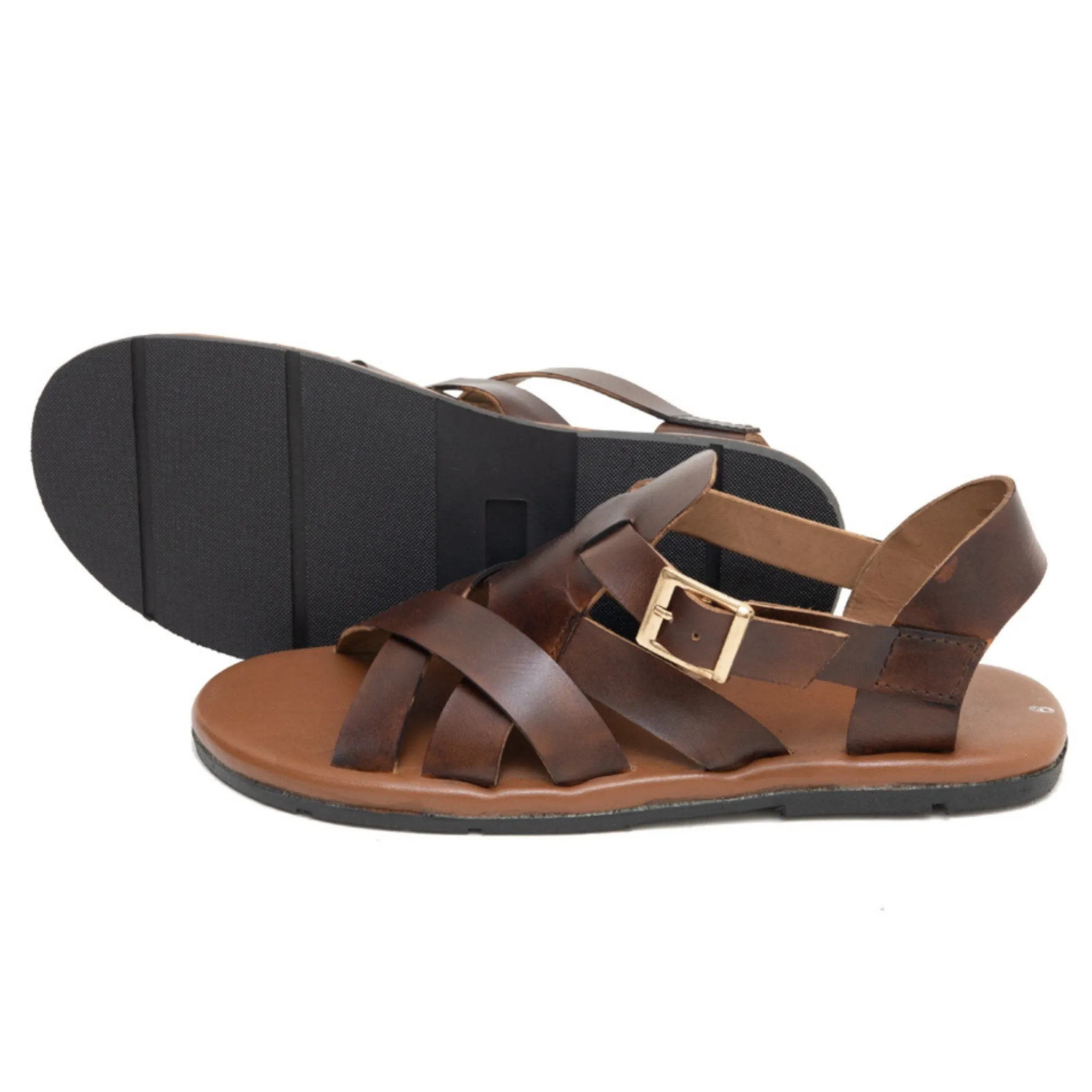 OK-2018 Brown Cross Double Strap Leather Sandals