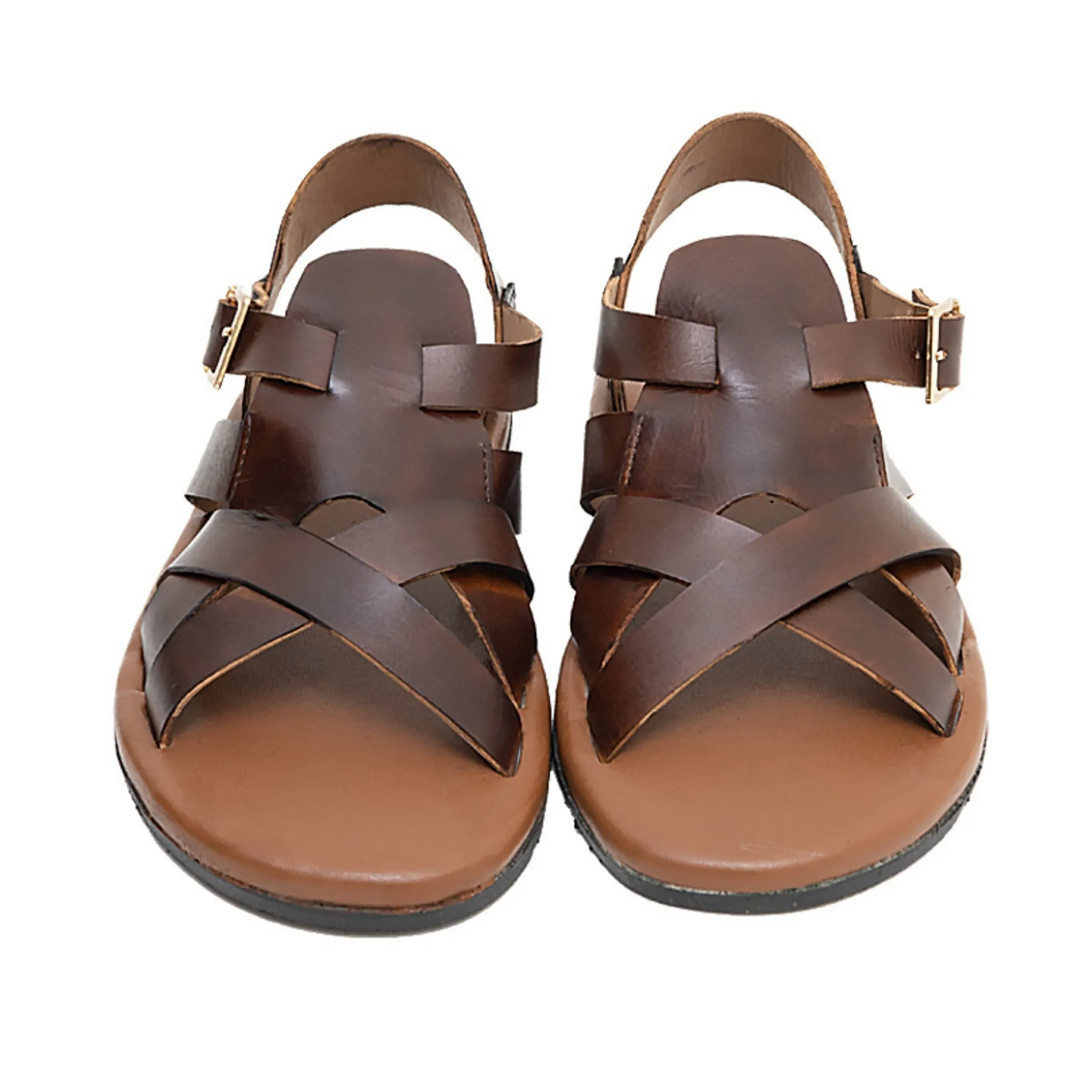 OK-2018 Brown Cross Double Strap Leather Sandals