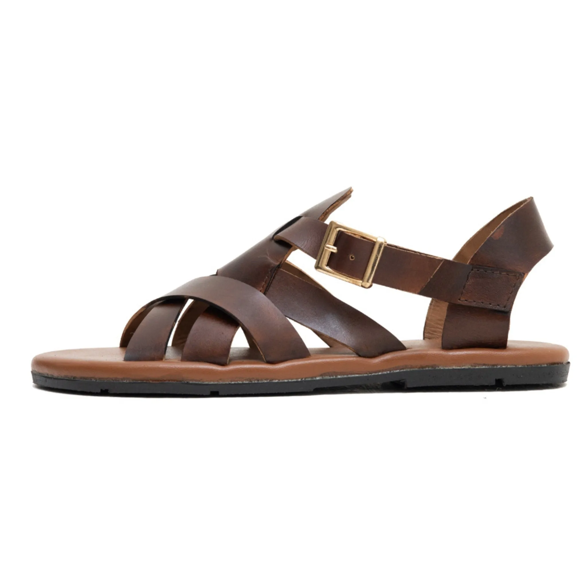 OK-2018 Brown Cross Double Strap Leather Sandals