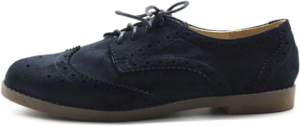 Ollio Women's Flat Shoe Wingtip Lace Up Faux Nubuck Oxford