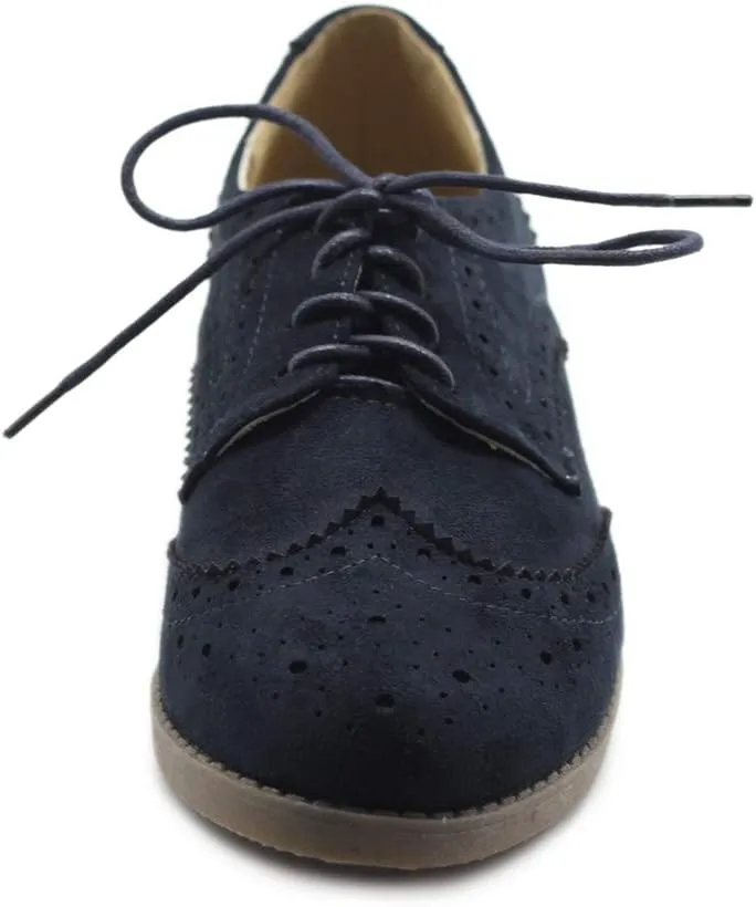 Ollio Women's Flat Shoe Wingtip Lace Up Faux Nubuck Oxford