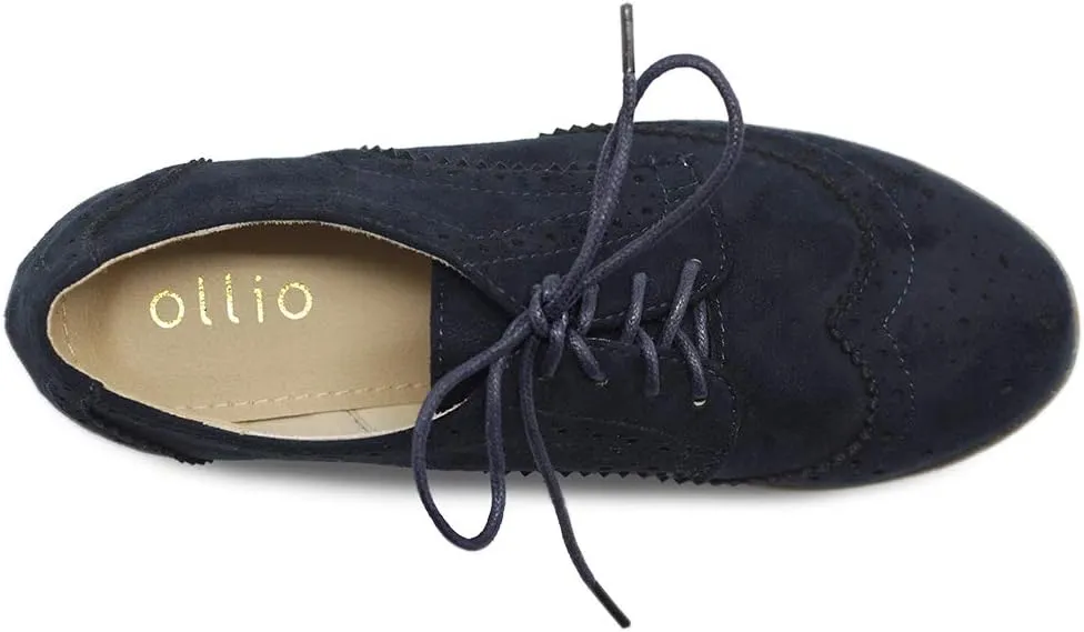 Ollio Women's Flat Shoe Wingtip Lace Up Faux Nubuck Oxford