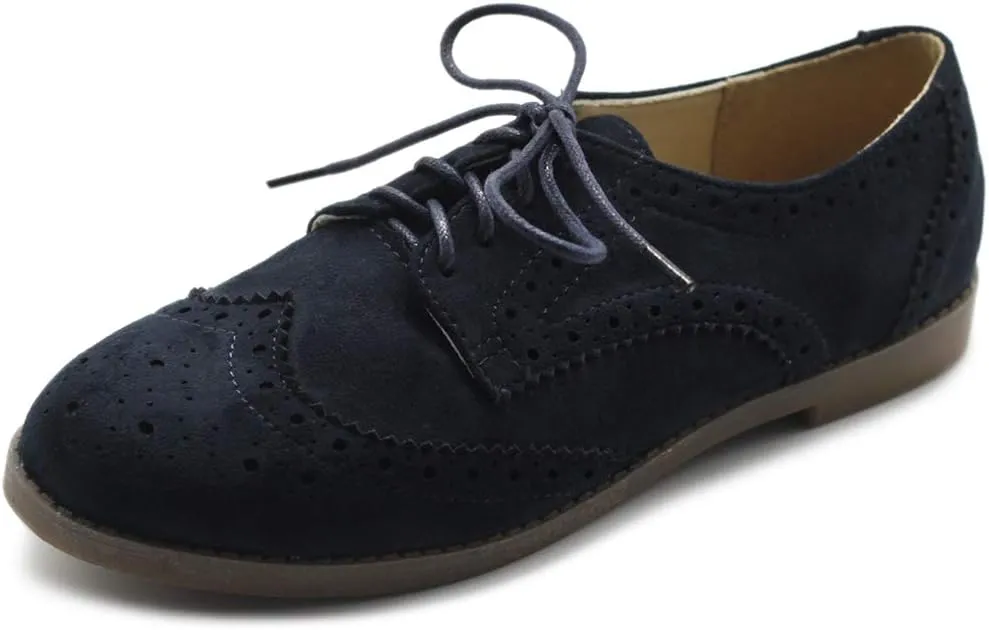 Ollio Women's Flat Shoe Wingtip Lace Up Faux Nubuck Oxford