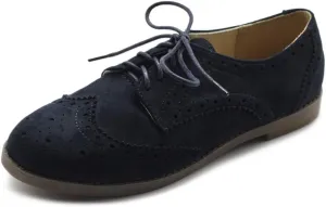 Ollio Women's Flat Shoe Wingtip Lace Up Faux Nubuck Oxford