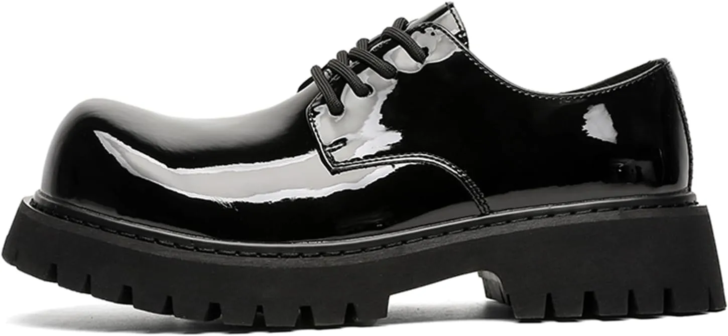 Patent Leather Chunky Platform Lace-Up Dress Oxford Shoes for Men Classic Round Toe Non-Slip Lug Sole Business Prom Work Wedding Formal Derby Shoes