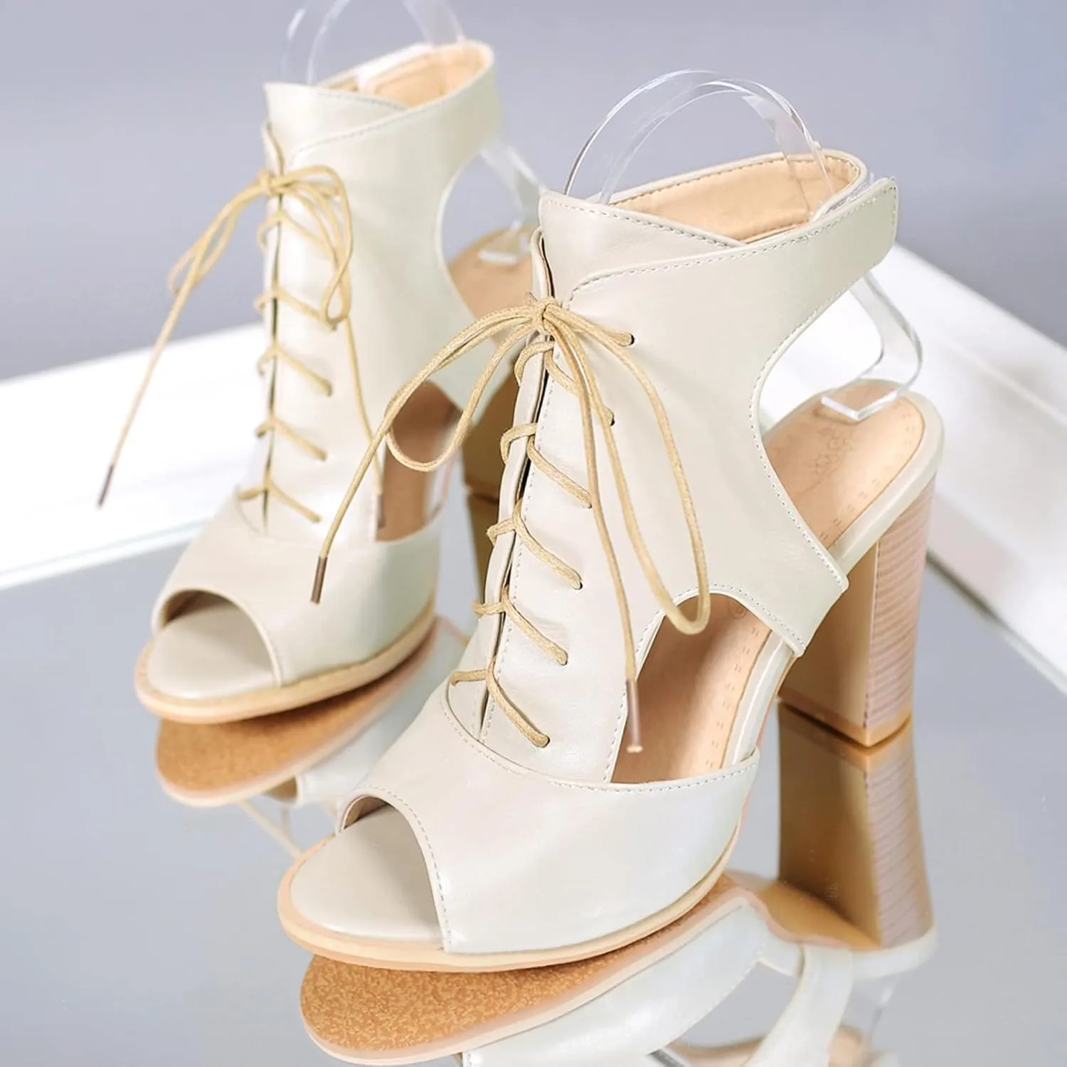 Peep Toe Chunky High Heeled Womens Lace Up Roman Sandals