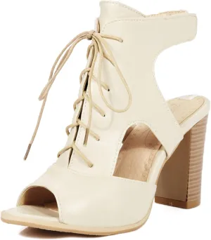 Peep Toe Chunky High Heeled Womens Lace Up Roman Sandals