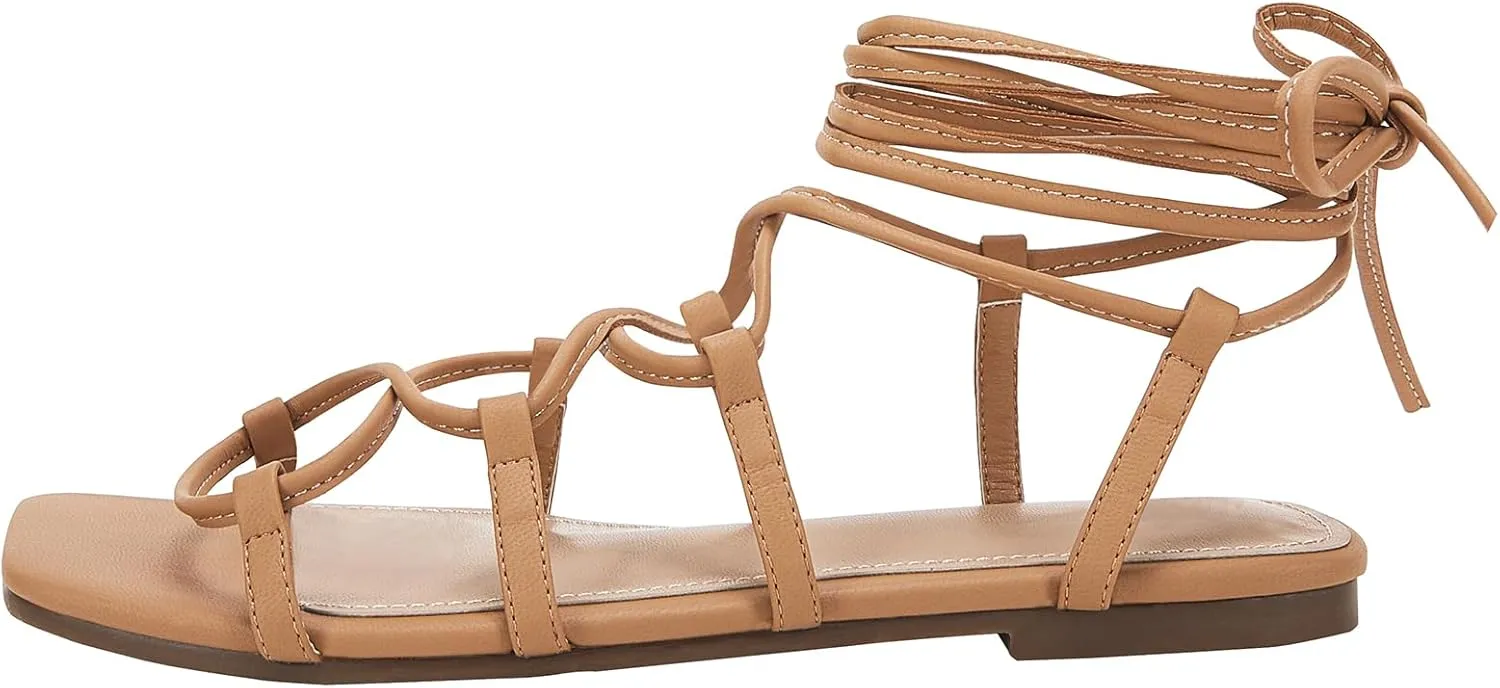 PiePieBuy Womens Lace up Square Toes Flat Sandals with Ankle Strap Summer Criss-Cross Gladiator Shoes