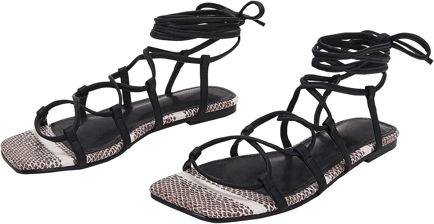 PiePieBuy Womens Lace up Square Toes Flat Sandals with Ankle Strap Summer Criss-Cross Gladiator Shoes
