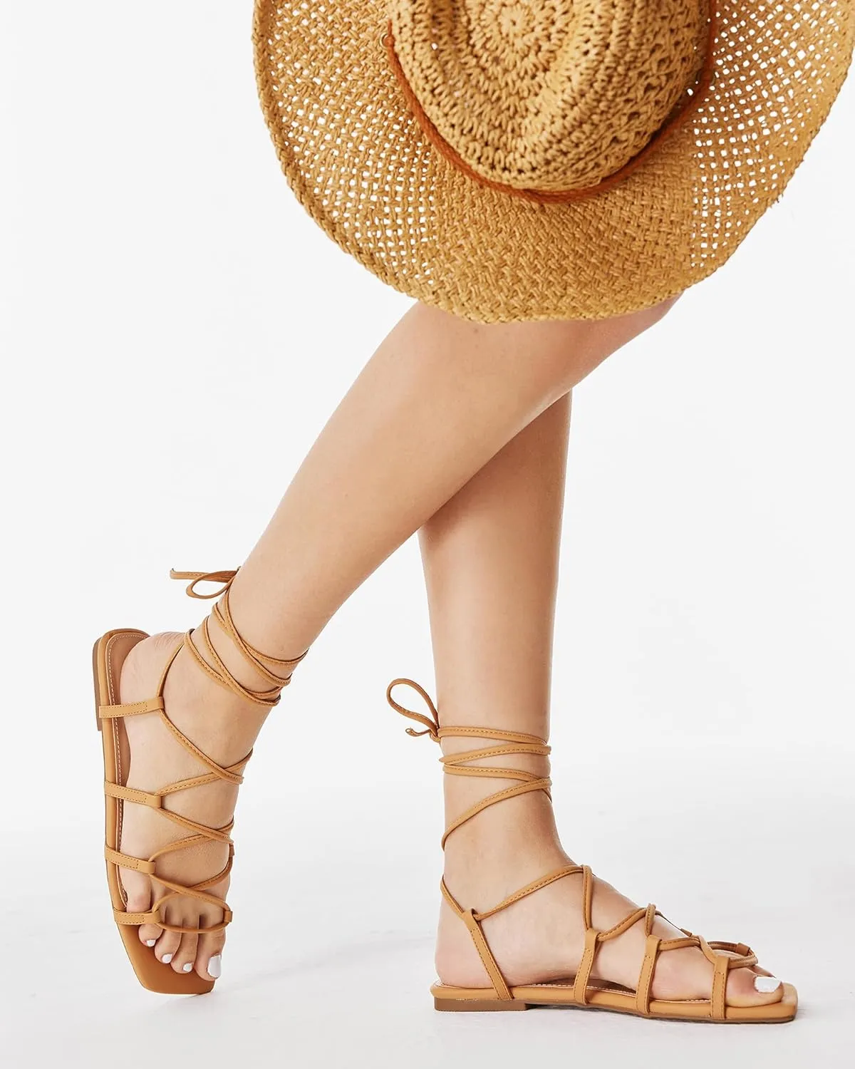 PiePieBuy Womens Lace up Square Toes Flat Sandals with Ankle Strap Summer Criss-Cross Gladiator Shoes