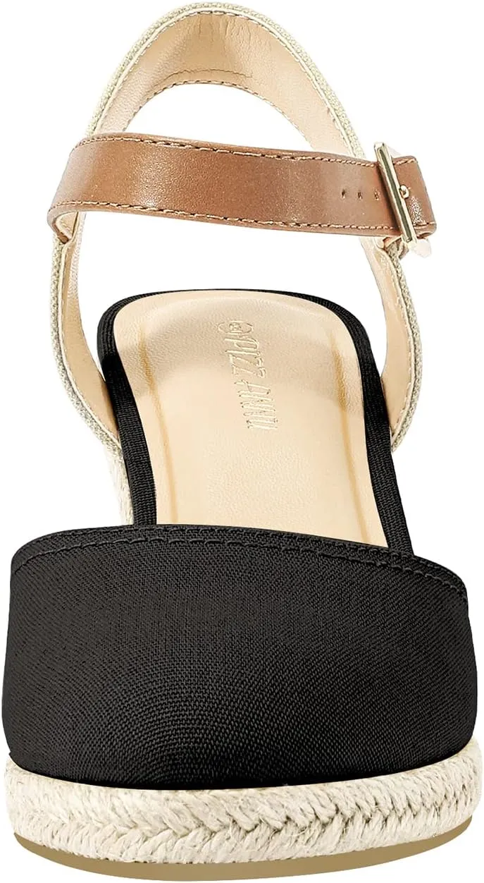 PIZZ ANNU Women's Espadrille Low Wedge Heel Sandals with Buckle Ankle Strap Close Toe Casual Dressy Summer Platform Shoes
