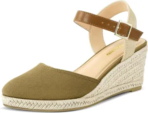 PIZZ ANNU Women's Espadrille Low Wedge Heel Sandals with Buckle Ankle Strap Close Toe Casual Dressy Summer Platform Shoes