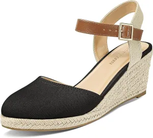 PIZZ ANNU Women's Espadrille Low Wedge Heel Sandals with Buckle Ankle Strap Close Toe Casual Dressy Summer Platform Shoes