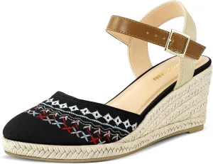 PIZZ ANNU Women's Espadrille Low Wedge Heel Sandals with Buckle Ankle Strap Close Toe Casual Dressy Summer Platform Shoes