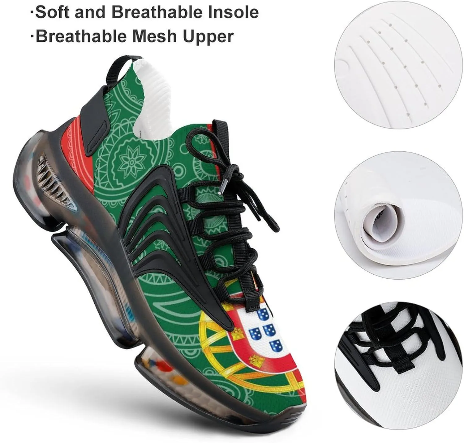 Portugal Paisley Flag Printed Men's Sneaker Funny Lightweight Running Shoe Tennis Shoes for Men