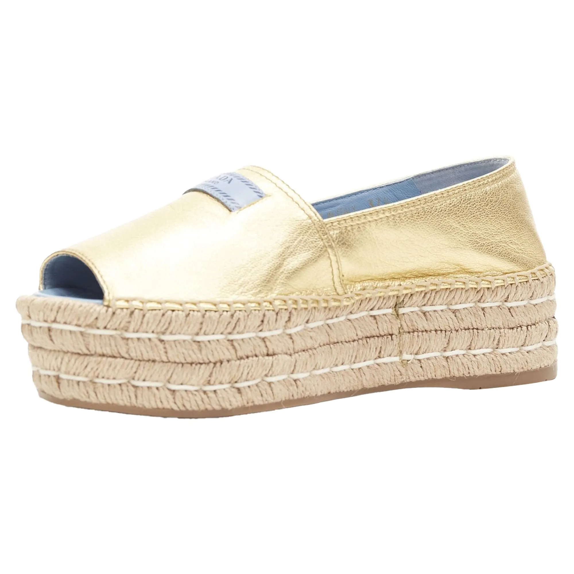 Prada Metallic Leather Logo Peep Jute Platform Espadrille Shoe