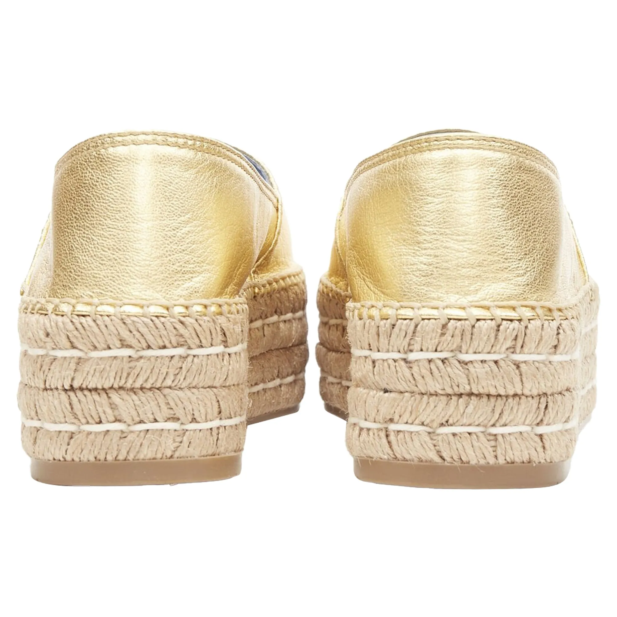 Prada Metallic Leather Logo Peep Jute Platform Espadrille Shoe