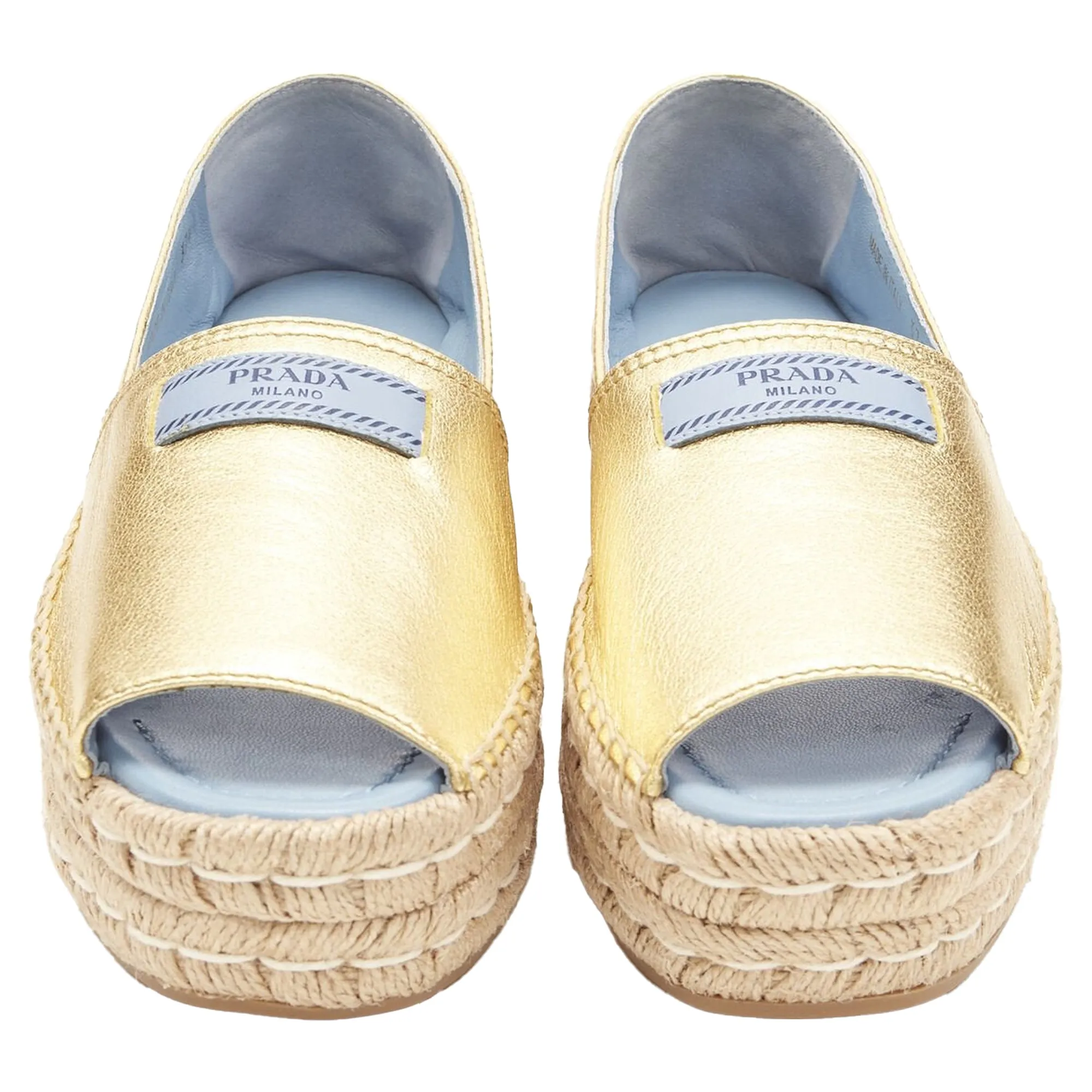 Prada Metallic Leather Logo Peep Jute Platform Espadrille Shoe