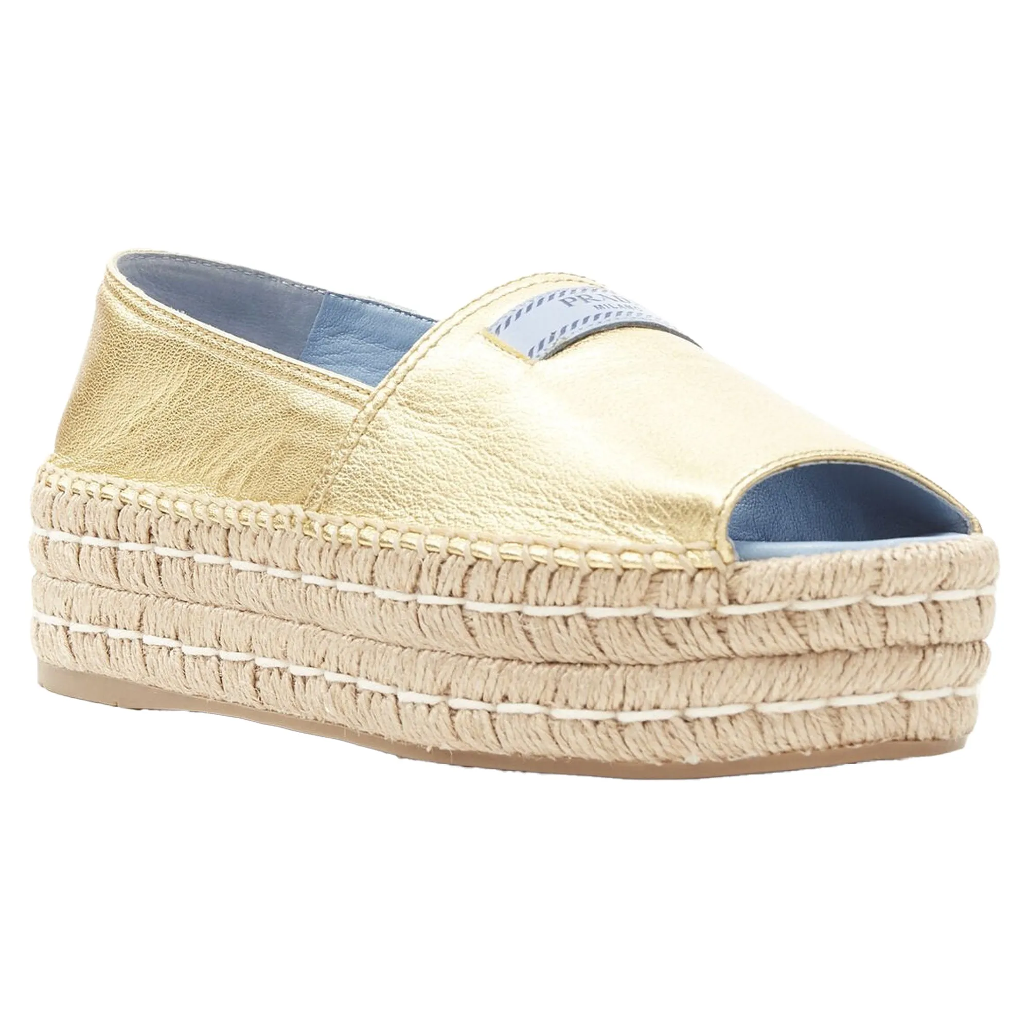 Prada Metallic Leather Logo Peep Jute Platform Espadrille Shoe