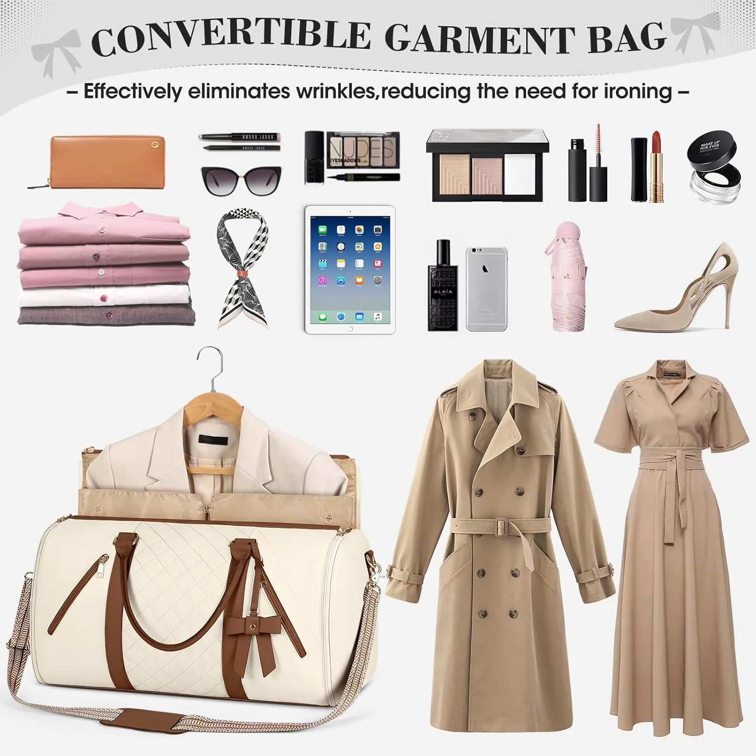 RAINSMORE Garment Bags for Travel Women Leather Convertible Garment Duffle Bag With Shoe Pouch,Large Carry On Garment Bag Dress Suit Business Travel Bags Beige