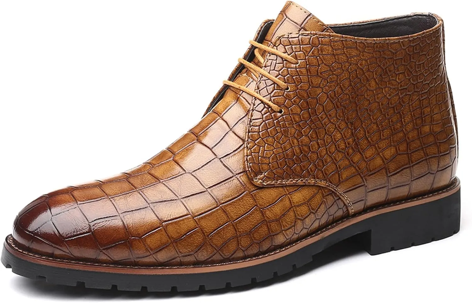 RiceelSor Mens Leather Casual Lace-Up Chukka Ankle Boot Breathable Handmade Crocodile Printed Business Dress Mid-Top Wingtip Oxford Booties