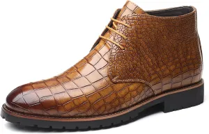 RiceelSor Mens Leather Casual Lace-Up Chukka Ankle Boot Breathable Handmade Crocodile Printed Business Dress Mid-Top Wingtip Oxford Booties