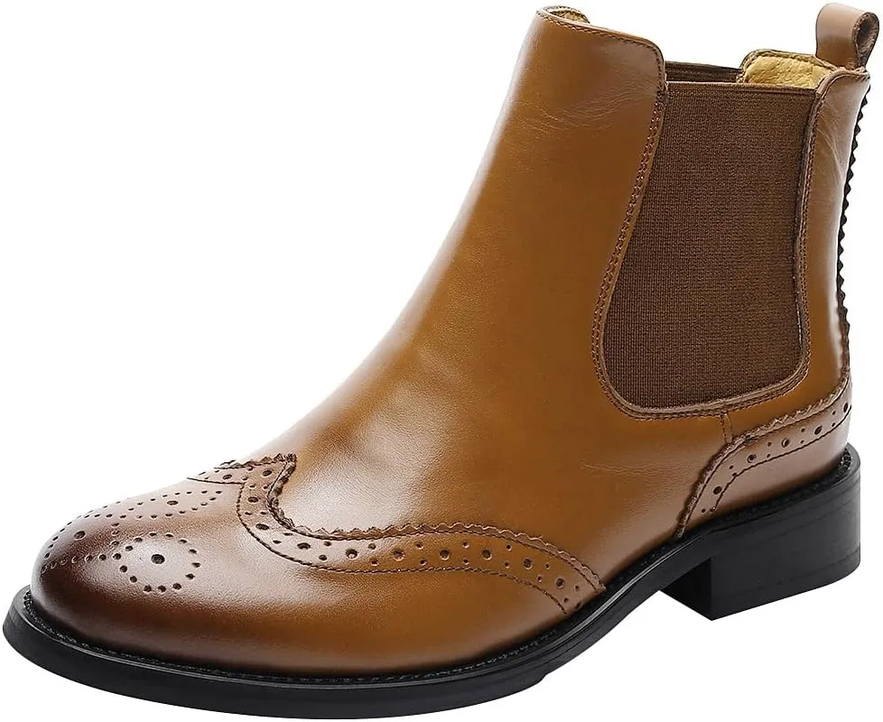 rismart Women's Brogue Wingtip Ankle High Slip on Comfort Genuine Leather Chelsea Boots